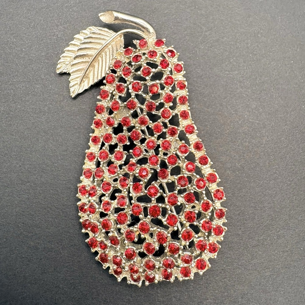 Vintage Signed Stanley Pear Fruit Brooch Red Rhinestone Silver Tone 2.75"